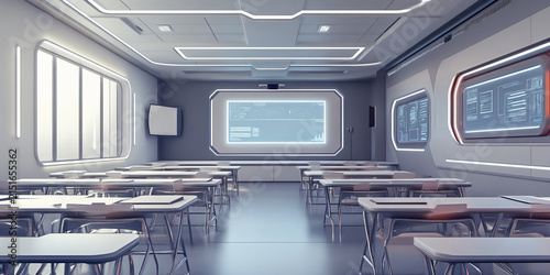 Futuristic modern classroom interior with advanced digital screens and sleek student desks for education
