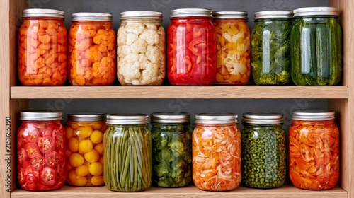 Homemade canned vegetables lining pantry wooden shelves