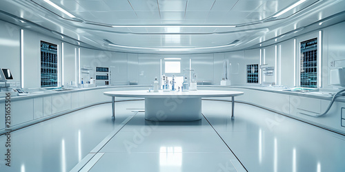 Futuristic sterile cleanroom with chemical testing setup and high-tech equipment for medical research in a modern laboratory environment