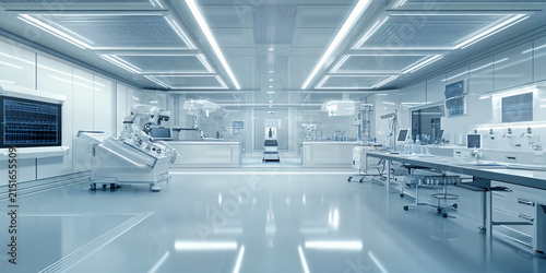 Futuristic Sterile Cleanroom with High Tech Chemical Testing Setup and Advanced Scientific Laboratory Equipment