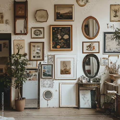Vintage Wall Collage with Framed Photos Mirrors and Decorative Objects in Rustic Room