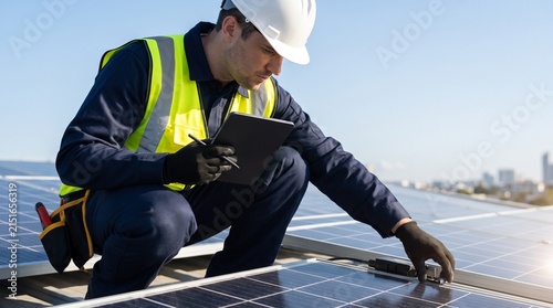 Solar Technician Conducting Maintenance and Inspection on Rooftop Solar Panels