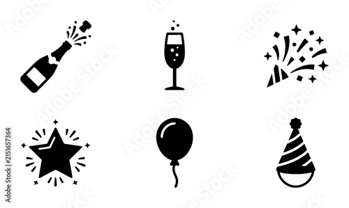Celebration Icons: Champagne Bottle Pop, Flute Glass, Party Popper, Starburst, Balloon, Party Hat, Festive Vector Set for Events and Holidays
