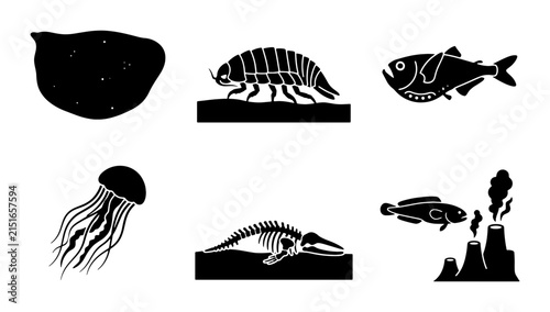 Ancient Life Icons: Fossil, Marine Organism, and Prehistoric Elements Vector Set.  Evolutionary Biology and Paleontology Graphics for Science Education and Museum Displays.