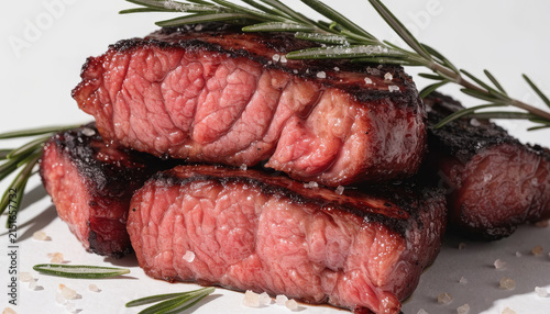 Grilled steak juicy medium rare close up salt rosemary beef cooked delicious tender gourmet protein meal barbecue fresh herb carnivore dinner lunch cuisine food red meat appetizing savory rustic