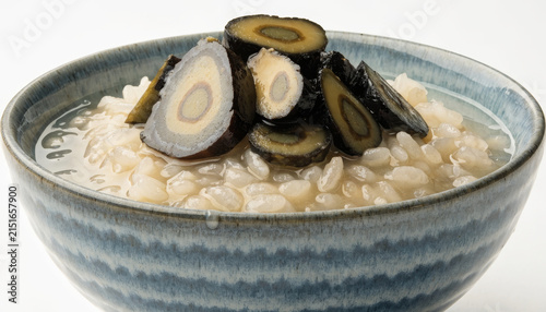 Rice bowl close up pickled vegetable Japanese food traditional healthy vegetarian white background ceramic comfort food simple Asian cuisine meal lunch dinner round glossy wet sliced gourmet