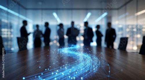 Business people silhouettes in boardroom with glowing blue digital data network stream emerging from center of polished wooden conference table