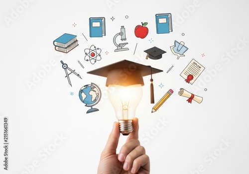 Child holding colorful pencil drawing of science and school items