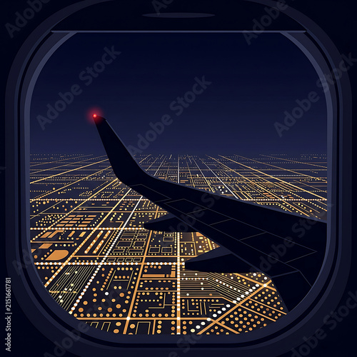 Travel An airplane window view over a glowing city at night with the aircraft wing visible above the urban landscape grid