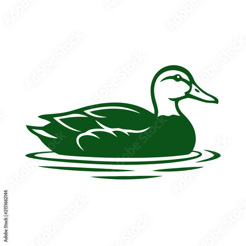 Green Duck Silhouette Floating on Water Ripples, Vector Icon