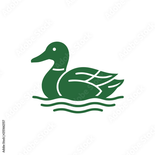Green Mallard Duck Icon Floating on Water Waves - Minimalist Vector Art