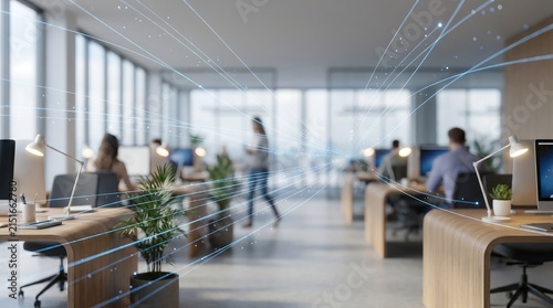 Abstract office interior with digital network connection lines overlay