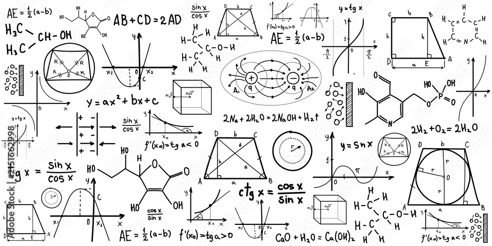 Obraz premium Hand drawn educational collage of math, geometry, physics and chemistry formulas, graphs and diagrams on a white background, concept of learning
