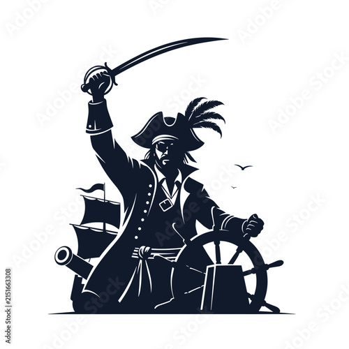 Pirate Captain at Ship Wheel with Saber Raised, Sailing Ship Background