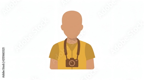 Bald male photographer wearing yellow shirt with digital camera hanging around neck in flat style