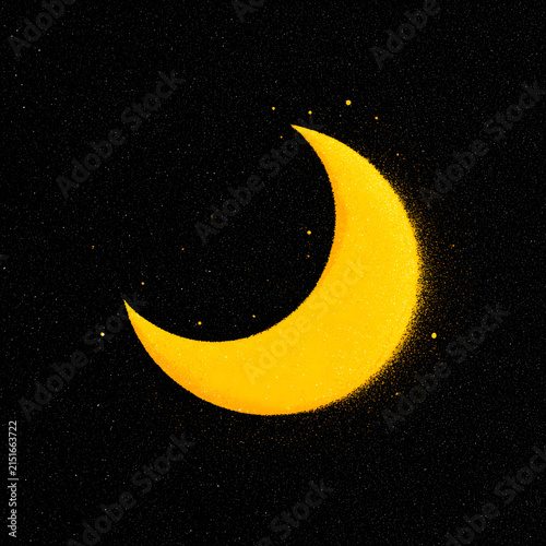 Bright Golden Yellow Crescent Moon Glowing Against Night Sky Background