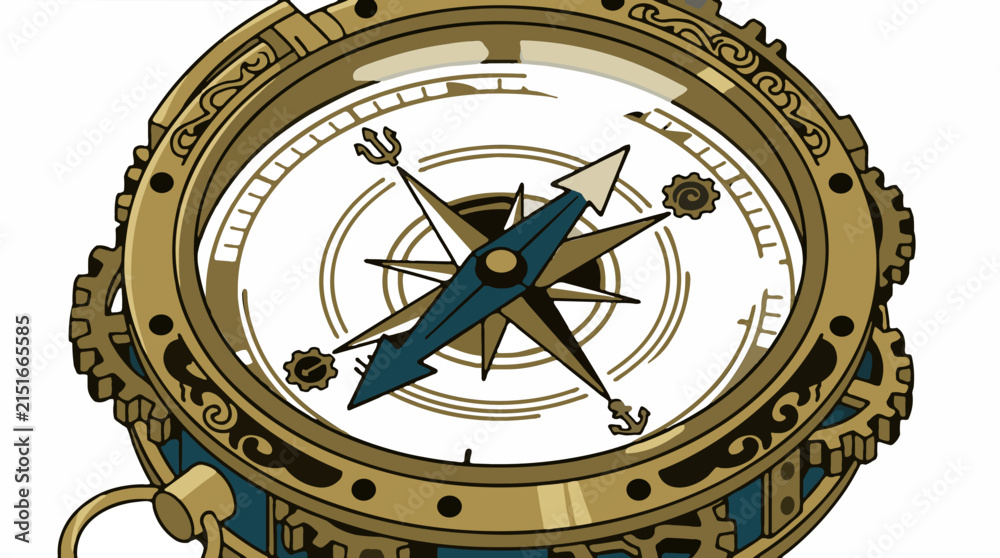 Fototapeta premium Ornate Steampunk Compass Illustration with Brass Gears and Blue Needle, Detailed Vector Graphic with Nautical Symbols, Vintage Navigation Tool