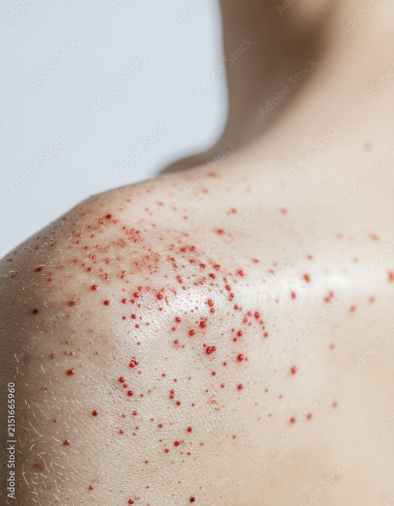 Fototapeta premium Close-up of shoulder with red acne spots.