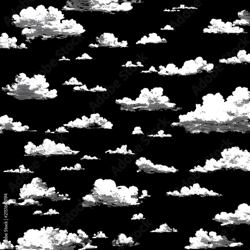 Vintage Engraved Scattered Clouds Seamless Pattern on Black Sky