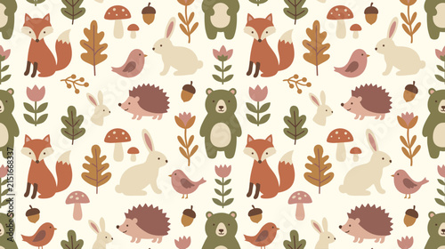 Whimsical forest creatures pattern featuring hedgehogs bears mushrooms and leaves.