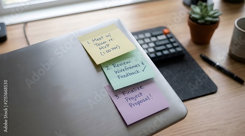 Three pastel sticky notes stuck to the corner of a laptop cover in a clean workspace