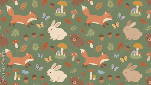 Whimsical woodland animal pattern featuring rabbits, foxes, mushrooms, and leaves in earthy tones for decorative textiles and prints.