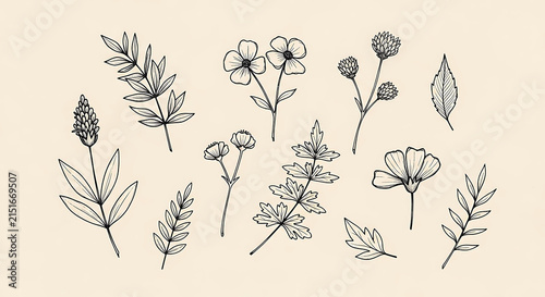 Set of floral botanical handdrawn wildflowers featuring vintage line art elements and decorative leaves isolated on a neutral background