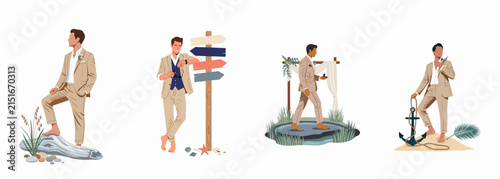 Collection of four illustrations showing a groom in a tan suit at a beach wedding, featuring nautical elements like an anchor and signpost.