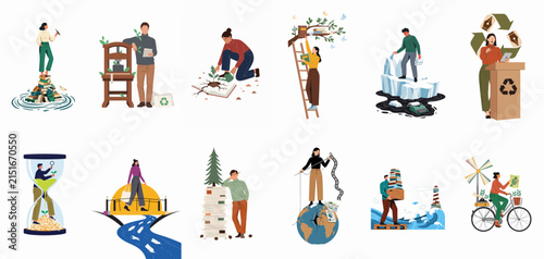 Collection of conceptual illustrations depicting environmental conservation, recycling, climate change awareness, and sustainable living practices for a greener future on Earth.