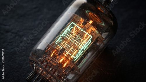 Vintage Vacuum Tube Glowing with Orange and Green Light on Dark Background