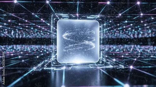 Futuristic Digital Grid Environment With Abstract Glowing Central Element