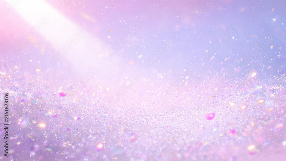 Fototapeta premium Pastel Pink and Purple Glitter Background with Sunbeam and Floating Petal Confetti