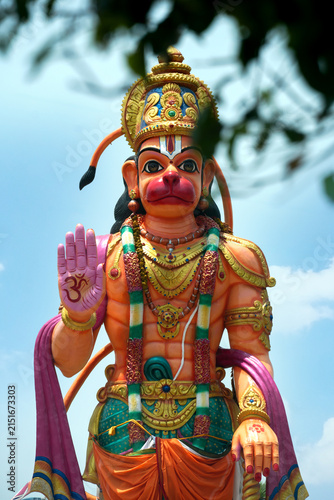 Fotografie Lord Hanuman Statue Framed by Green Leaves and Blue Sky