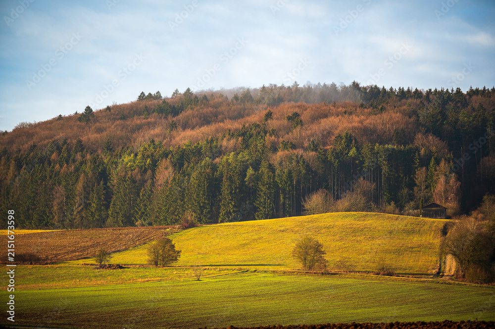 Fototapeta premium Rolling farmland and forest hillside in Bavaria Germany