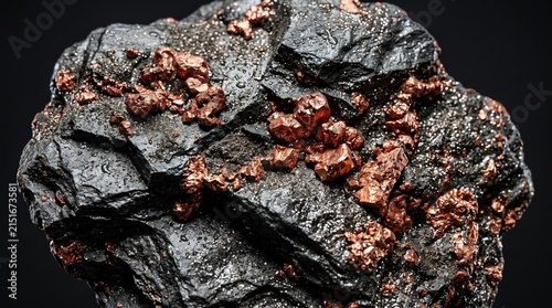 Raw native copper ore mineral specimen isolated on solid background