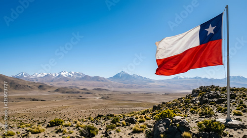 National flag waving over arid mountainous terrain under clear blue sky with arid landscape snow capped mountain ranges distance under bright