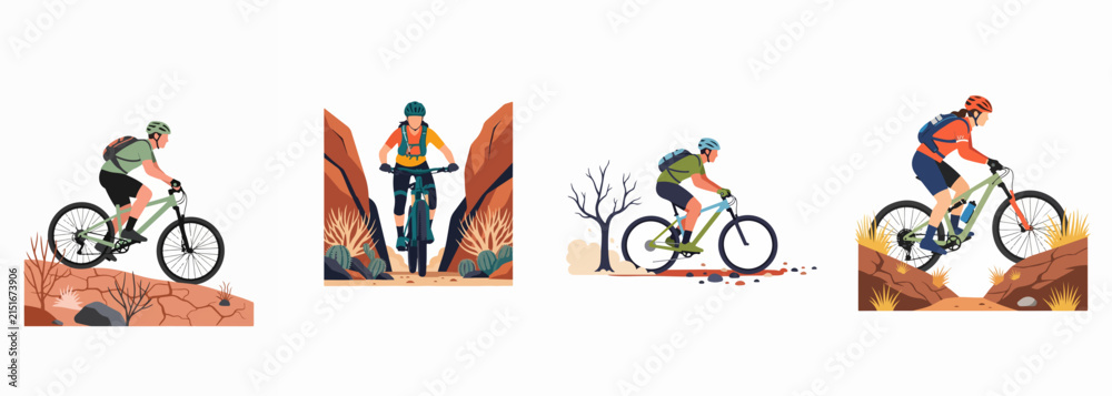 Fototapeta premium Collection of four mountain biking illustrations showing cyclists riding through various desert and rocky terrains, perfect for outdoor adventure and sports themes.