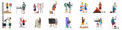Collection of flat vector illustrations featuring female students celebrating success and achievements in various STEM fields like chemistry, biology, and physics.