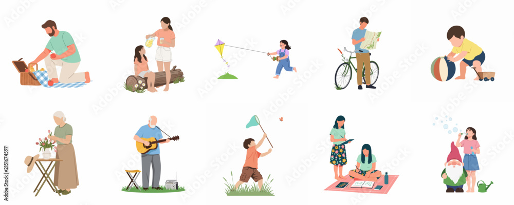 Fototapeta premium Collection of diverse people enjoying various outdoor leisure activities and hobbies, flat vector illustration style, isolated on white background.