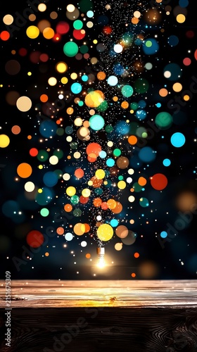 Vibrant Bokeh Lights and Sparkling Particles on Wooden Stage for Festive Background