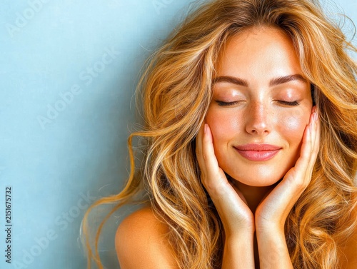 Serene Woman with Freckles and Wavy Blonde Hair, Eyes Closed - Digital Art Portrait