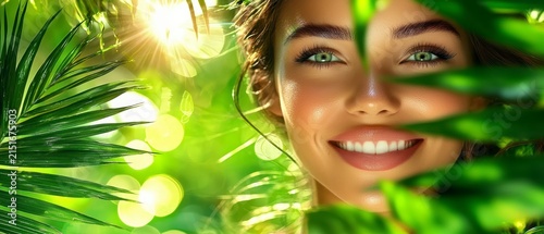 Radiant Smiling Woman with Green Eyes in Lush Tropical Foliage and Golden Sunlight