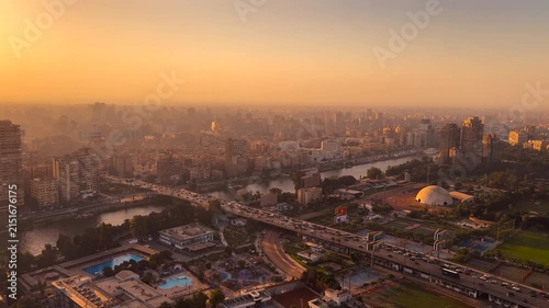 Aerial View of Cairo Nile River and Bridges at Vivid Orange Sunset