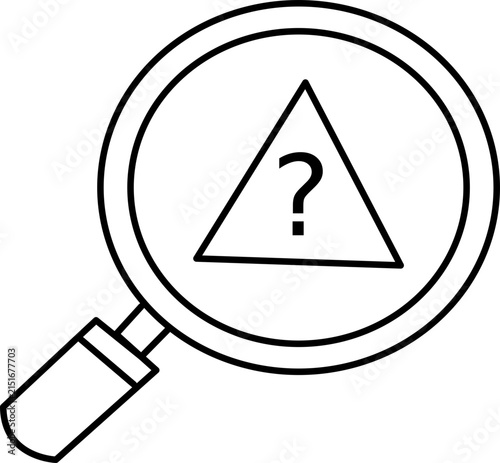 A simple black and white line art illustration shows a magnifying glass framing a question.