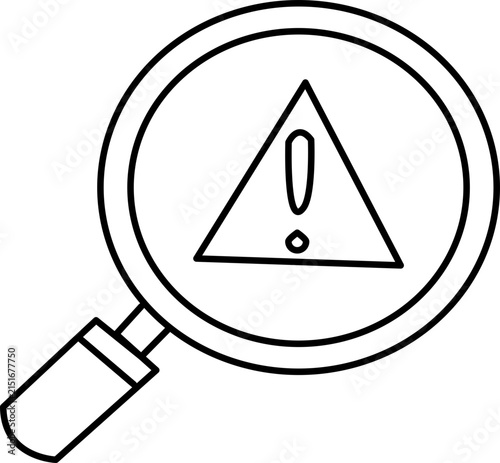Black and white line art icon depicting a magnifying glass focusing on a warning triangle.