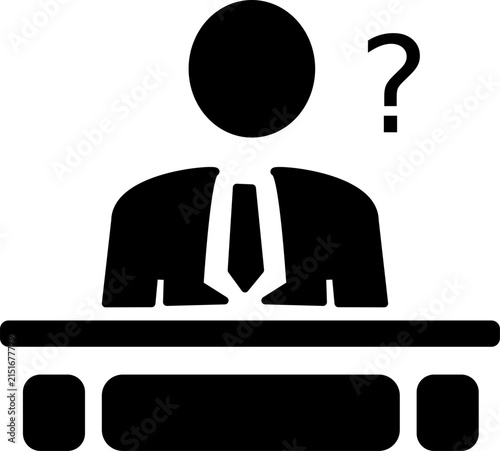A black silhouette icon of a businessman with a question mark on a white background.