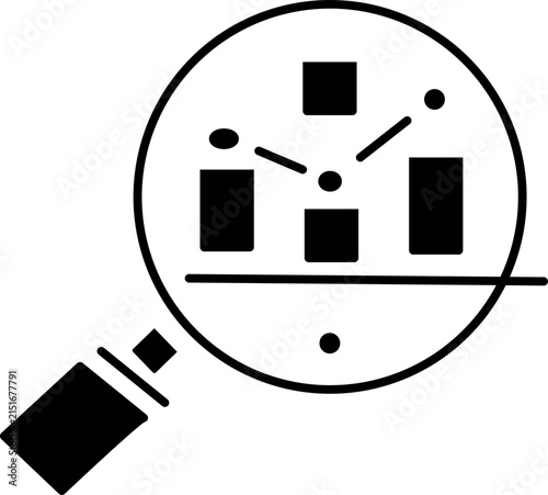 A minimalist black and white icon depicts a magnifying glass analyzing a bar chart.