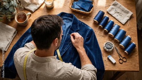 Close-up of a tailor meticulously hand-stitching a blue velvet jacket on a wooden table.