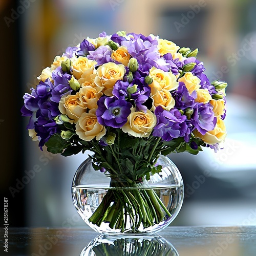 Vibrant Yellow and Purple Rose and Lisianthus Bouquet in Glass Vase