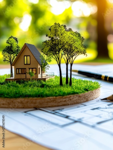 Eco-Friendly Home Design Blueprint: Sustainable House Model with Green Landscape
